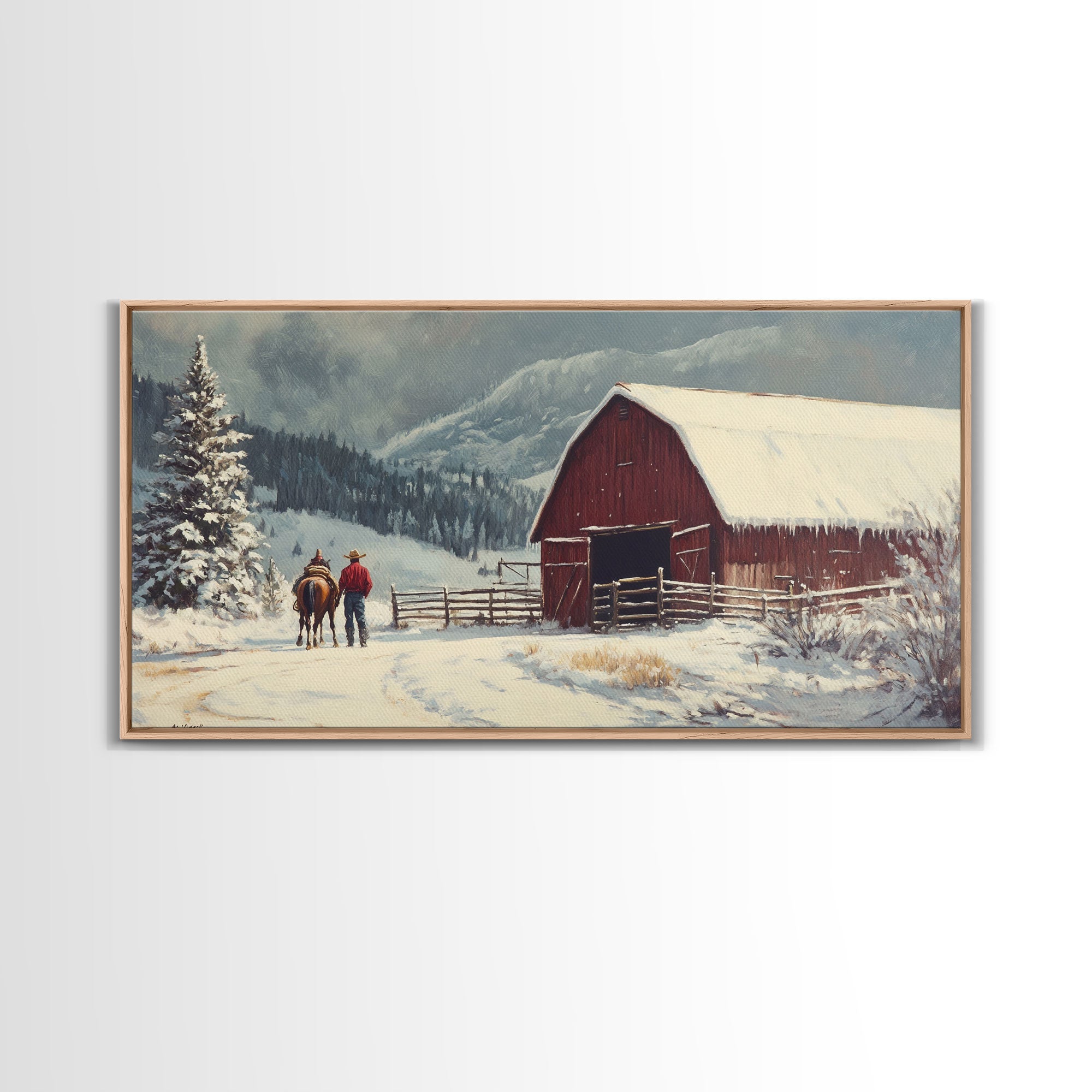 Winter On The Farm, Barn Painting, Framed Canvas Print