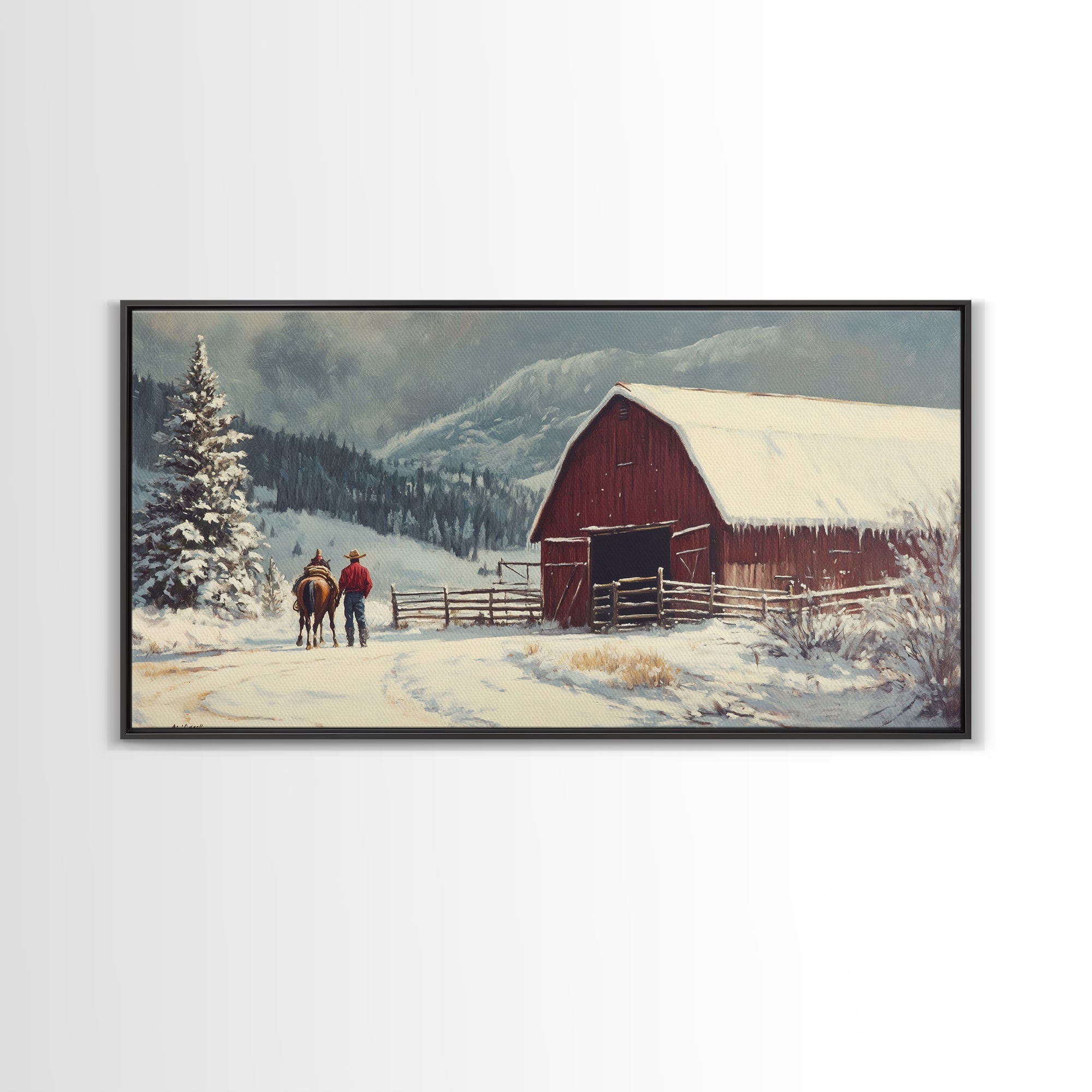 Winter On The Farm, Barn Painting, Framed Canvas Print