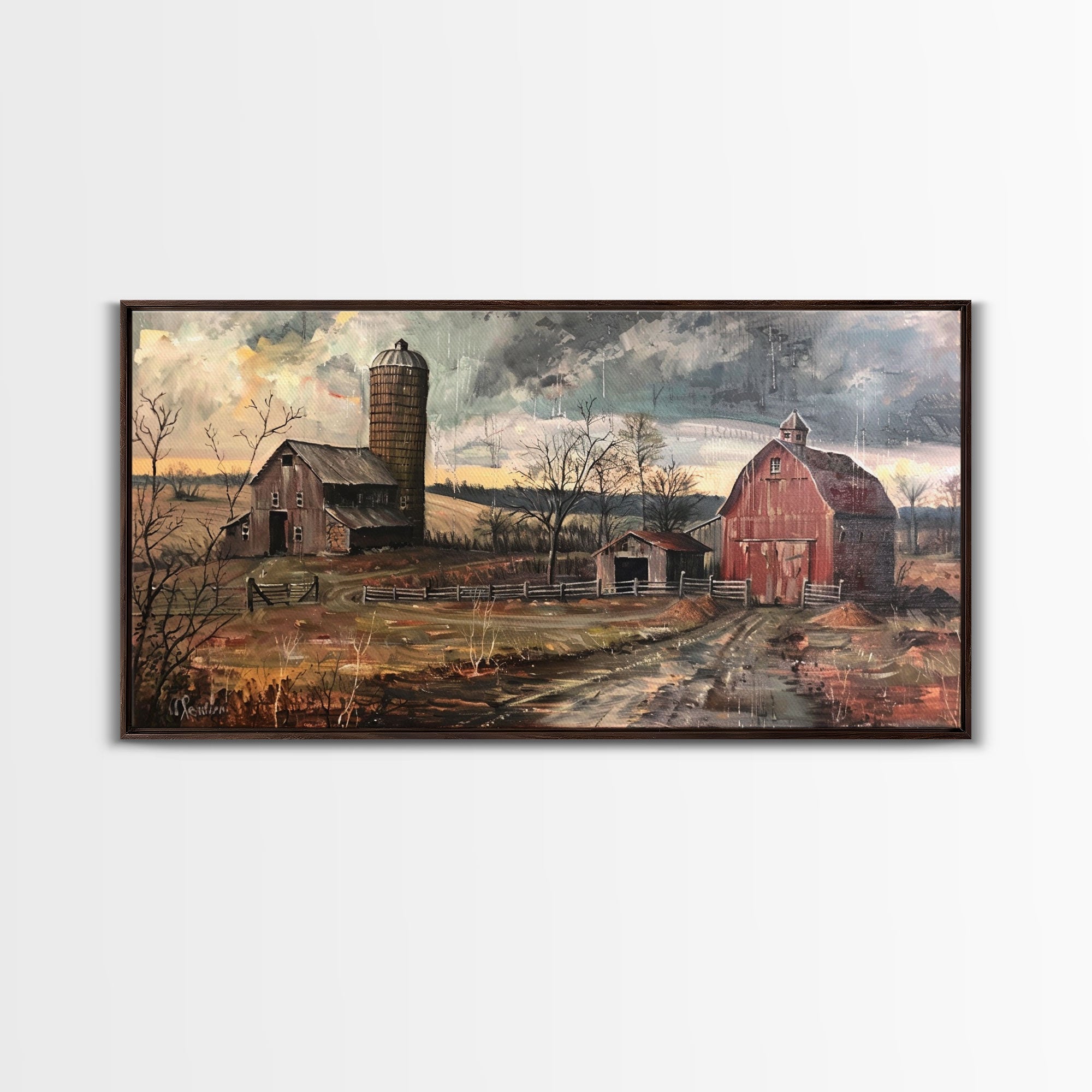 Vintage Farm Scene with Silos, Framed Canvas Print