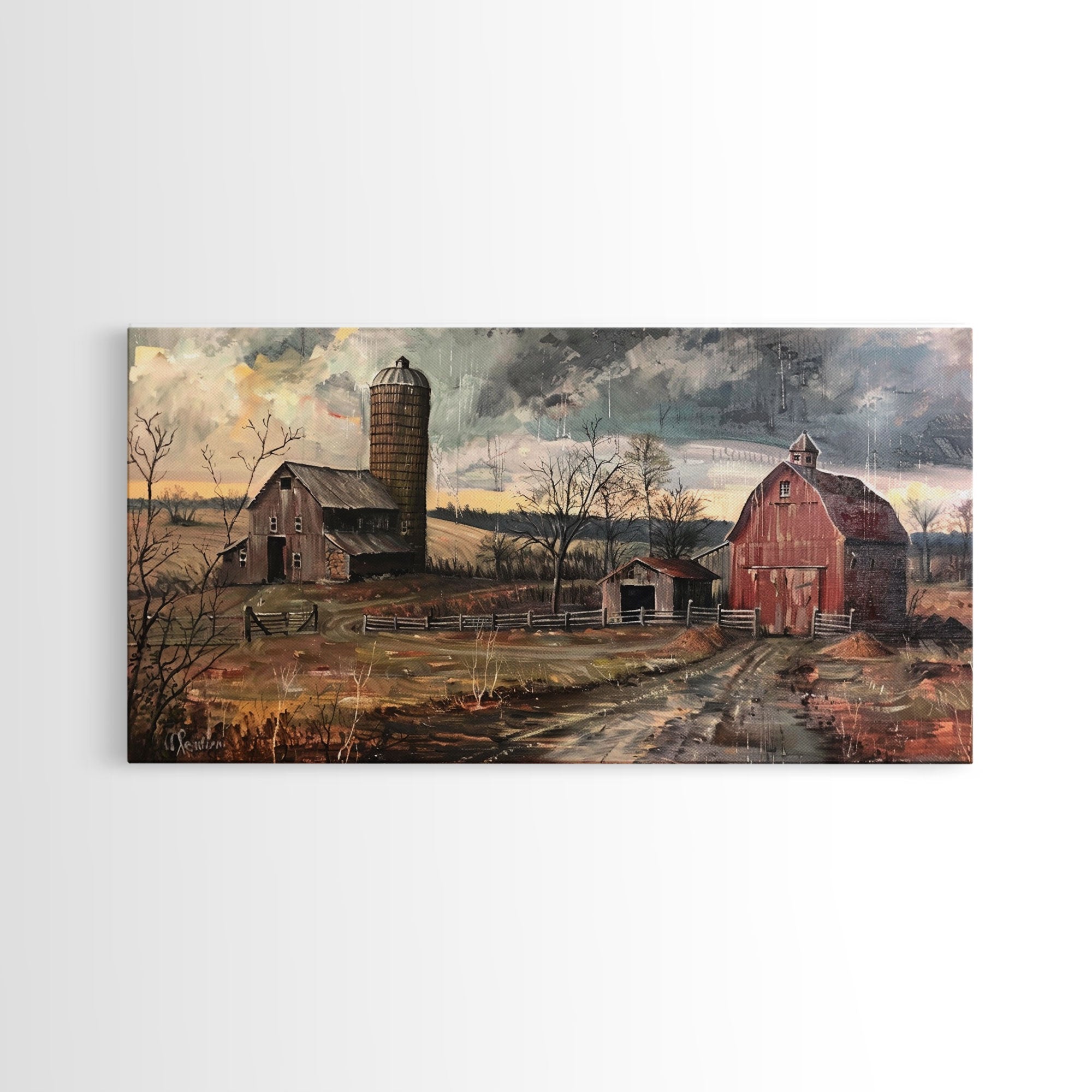 Vintage Farm Scene with Silos, Framed Canvas Print