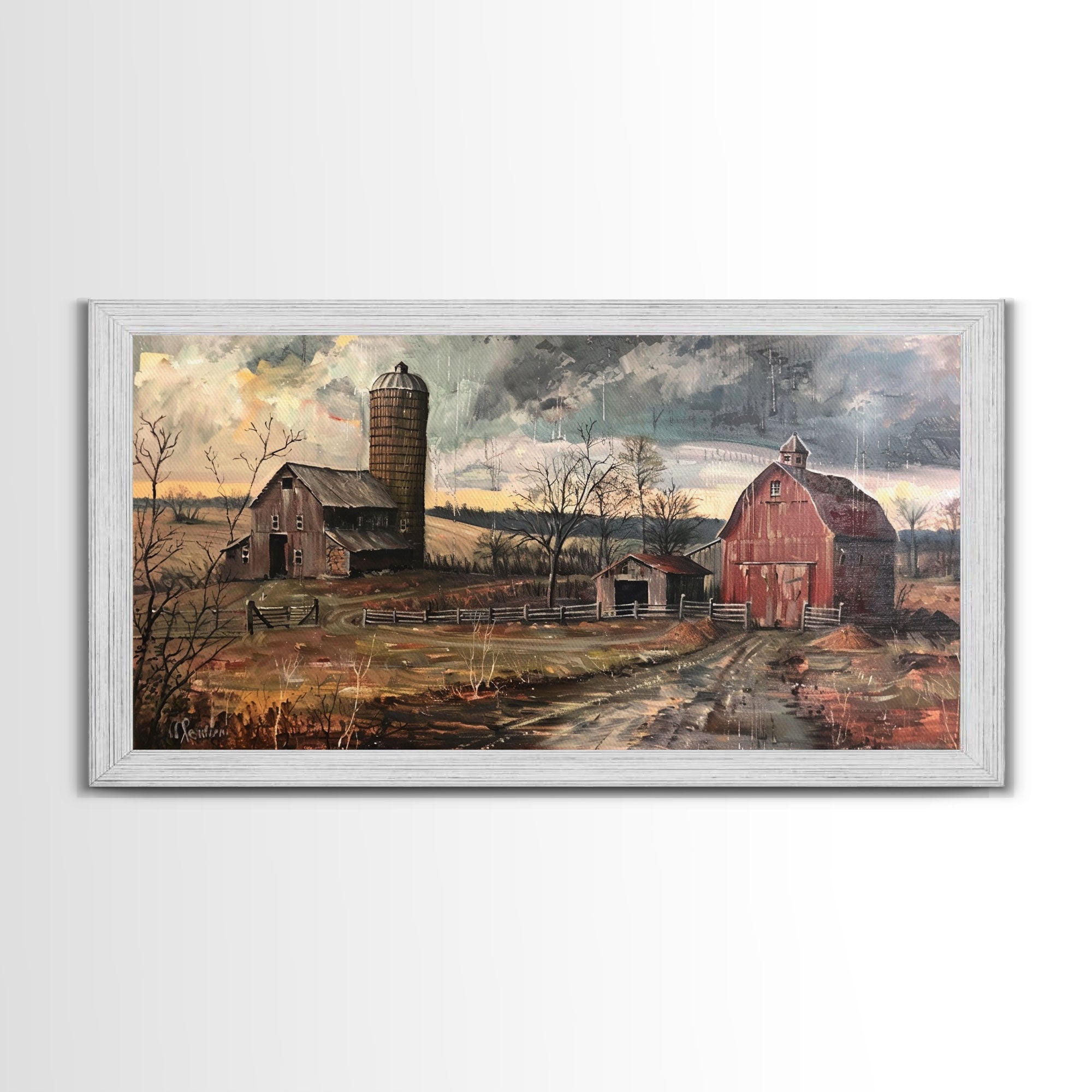 Vintage Farm Scene with Silos, Framed Canvas Print