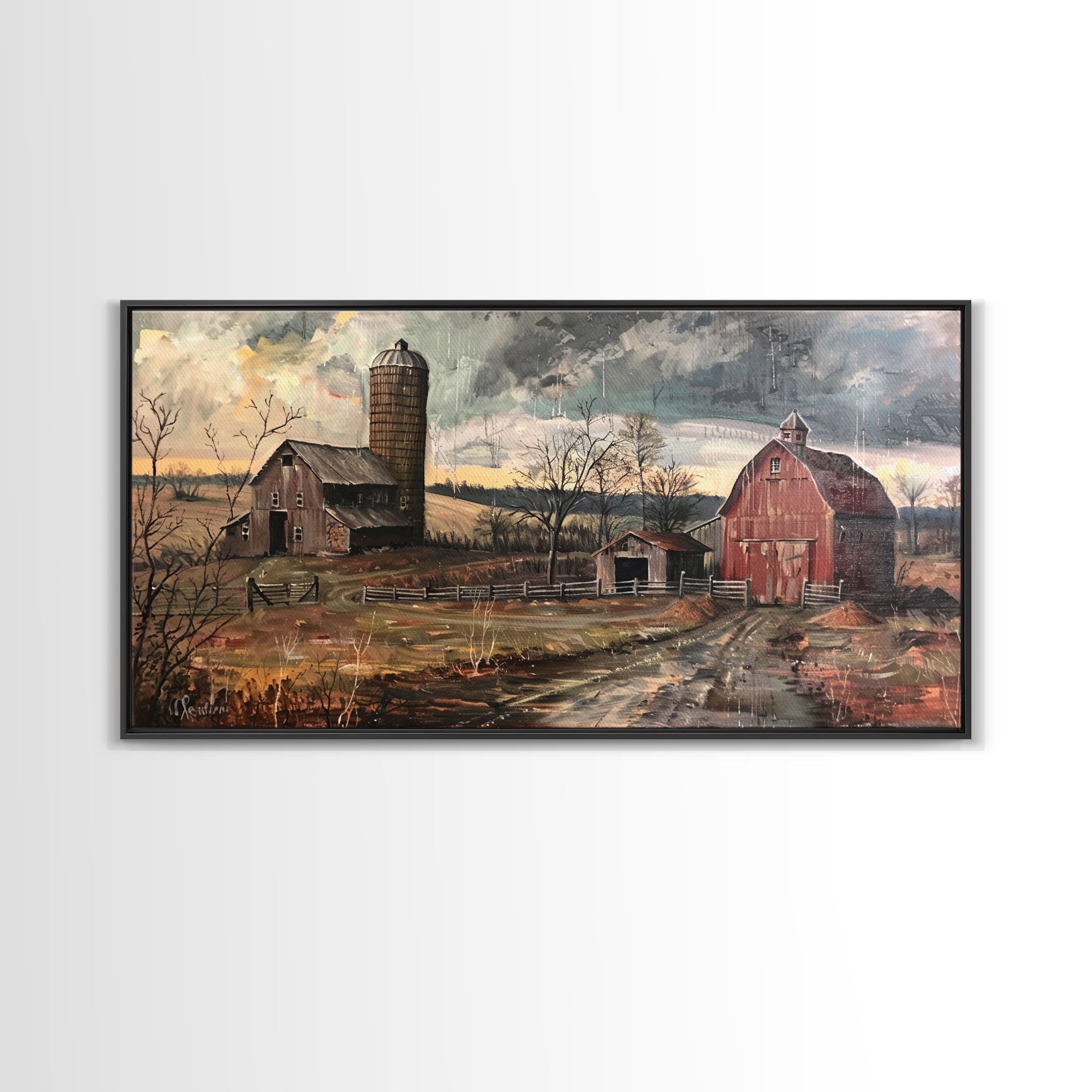 Vintage Farm Scene with Silos, Framed Canvas Print