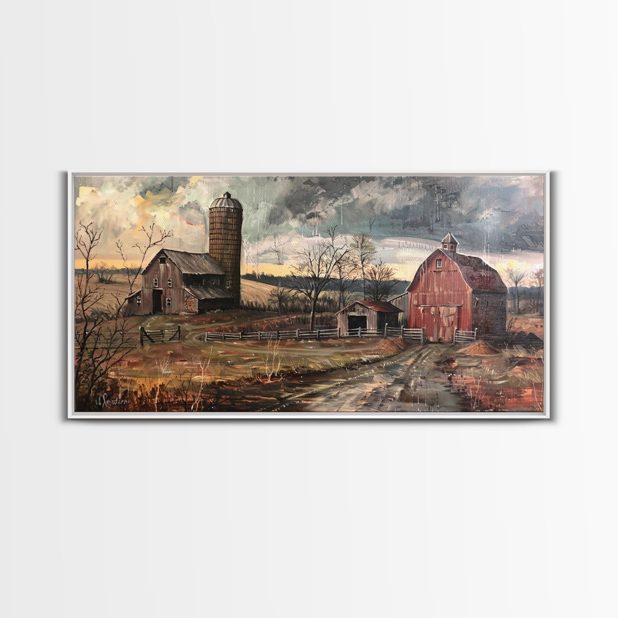 Vintage Farm Scene with Silos, Framed Canvas Print