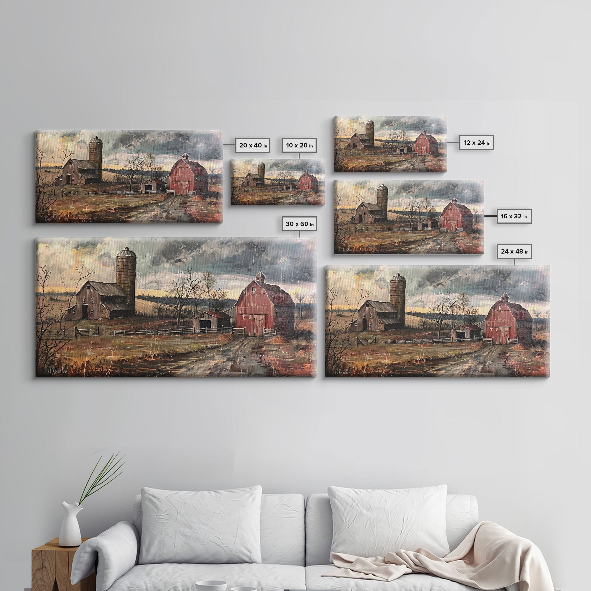 Vintage Farm Scene with Silos, Framed Canvas Print