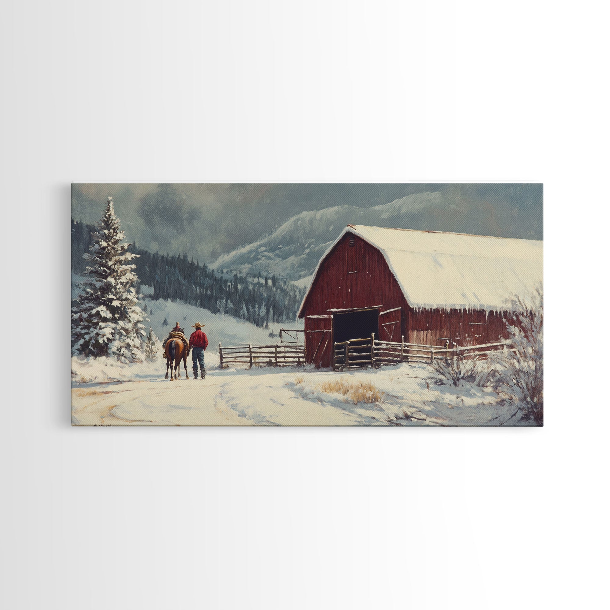 Winter On The Farm, Barn Painting, Framed Canvas Print