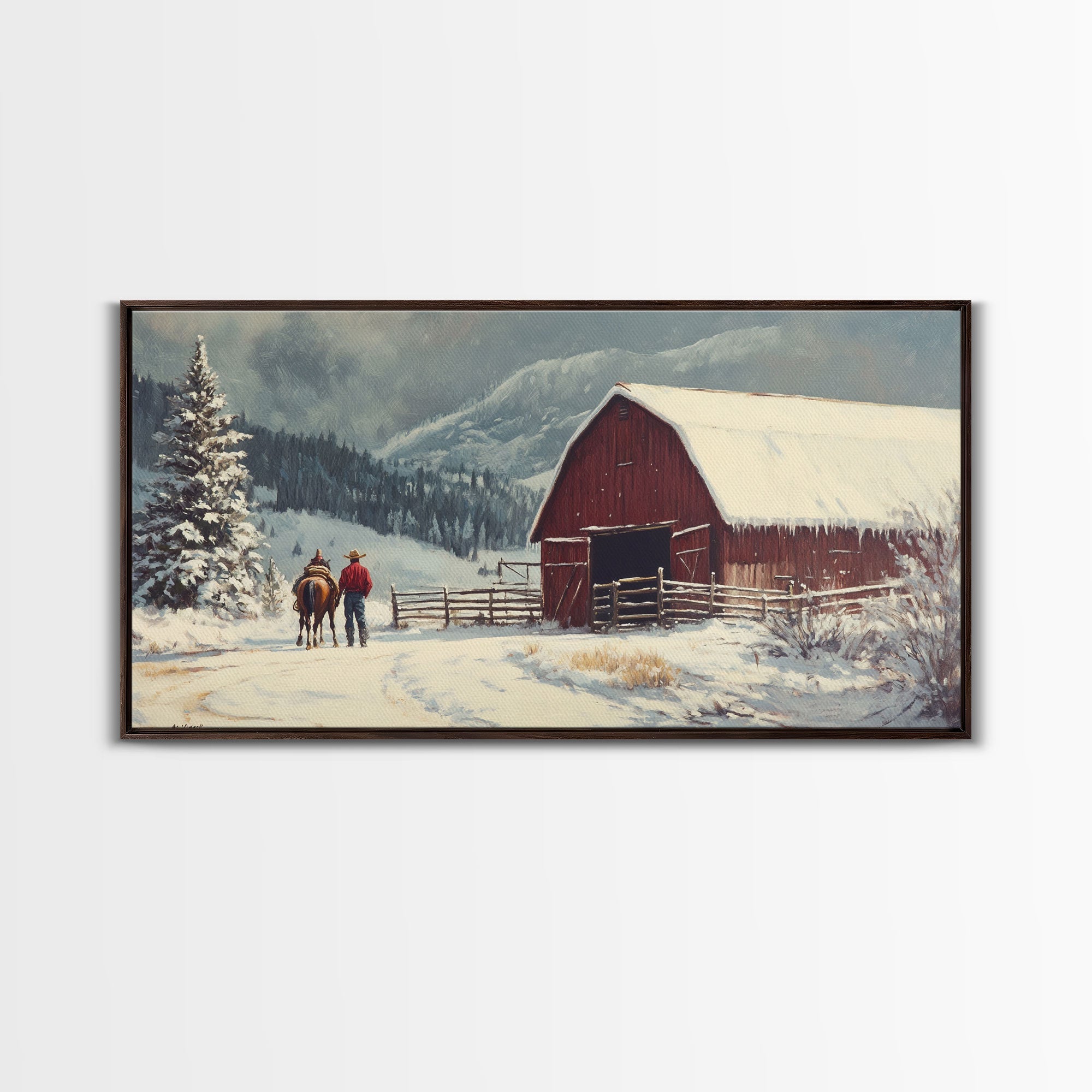Winter On The Farm, Barn Painting, Framed Canvas Print