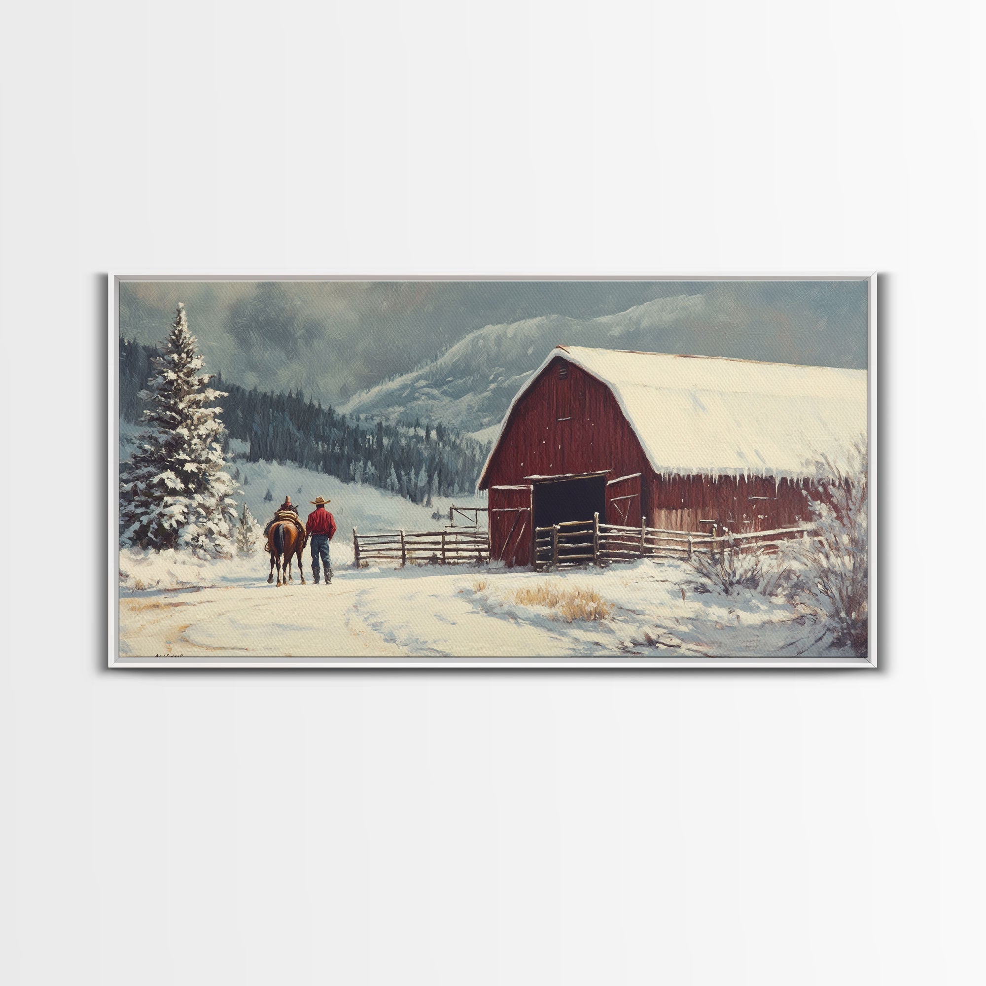 Winter On The Farm, Barn Painting, Framed Canvas Print
