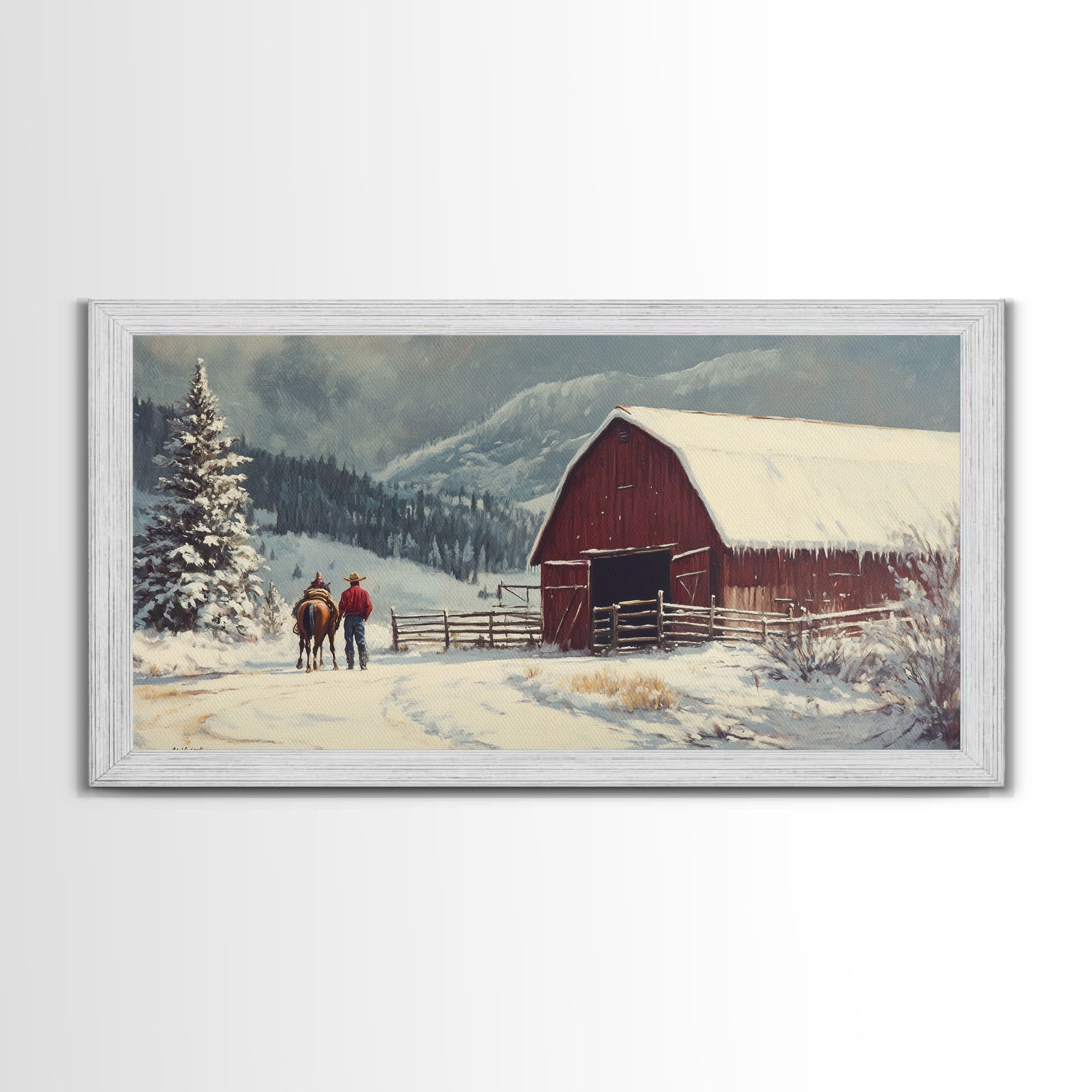 Winter On The Farm, Barn Painting, Framed Canvas Print