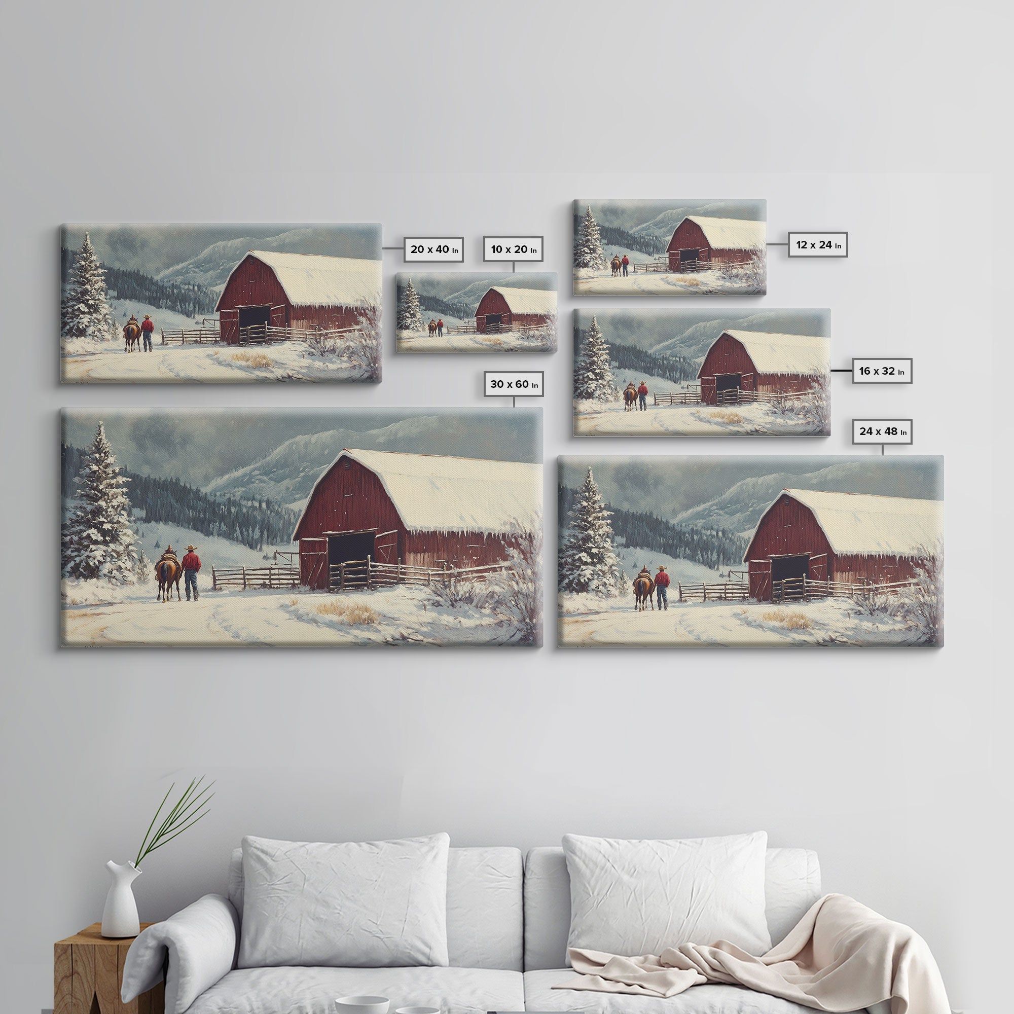 Winter On The Farm, Barn Painting, Framed Canvas Print