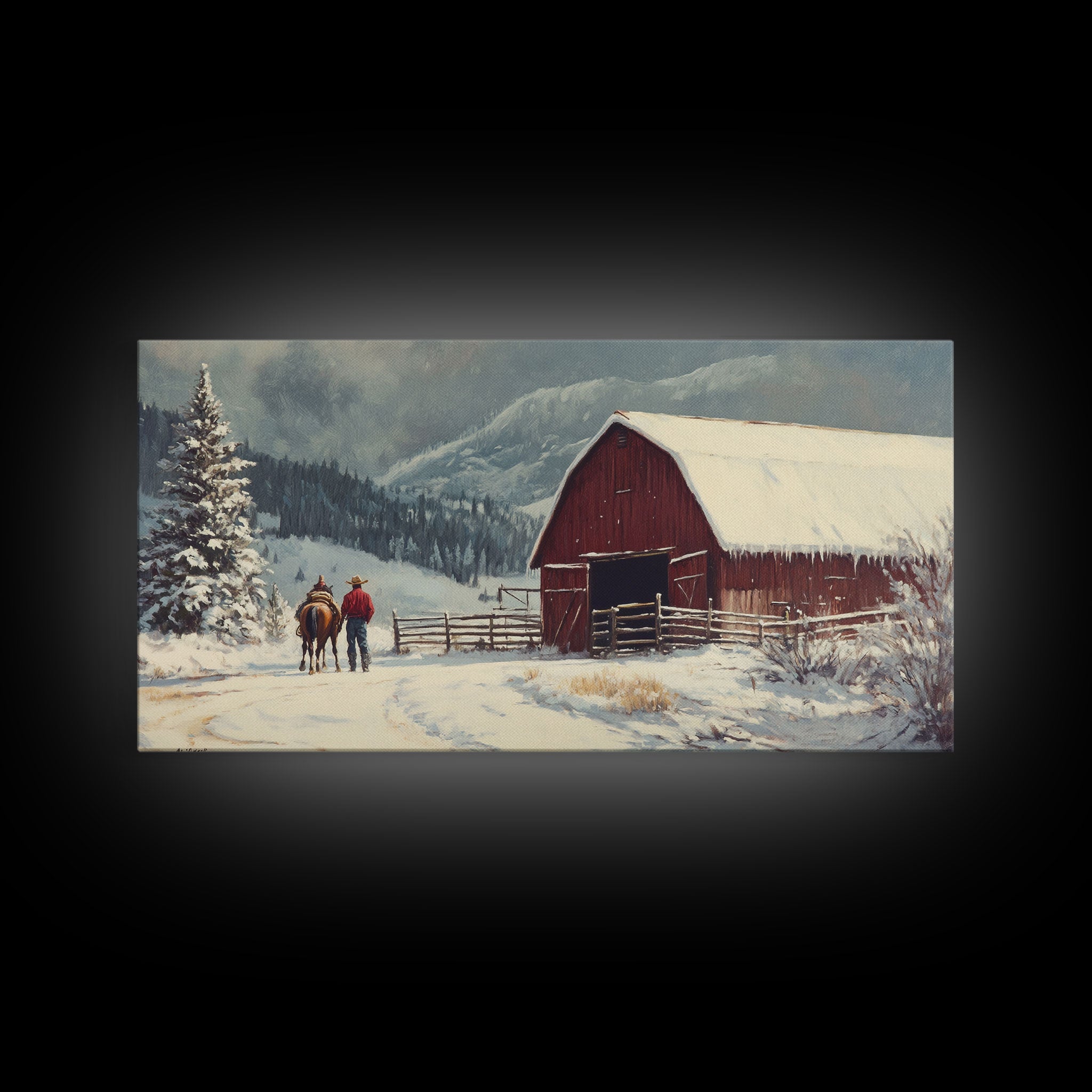 Winter On The Farm, Barn Painting, Framed Canvas Print