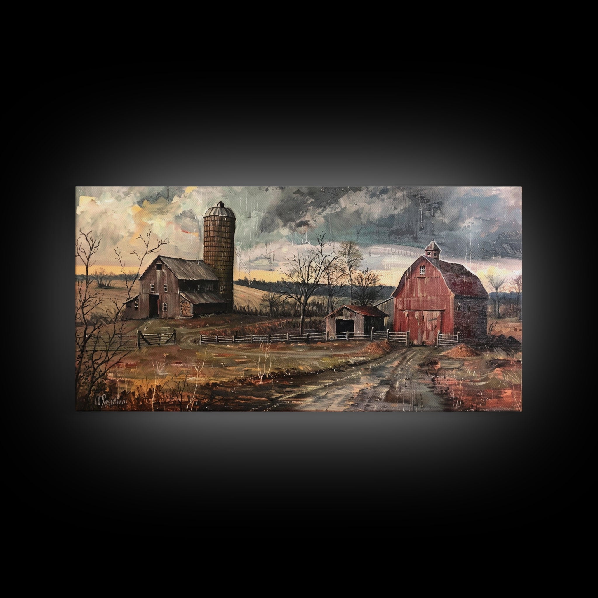 Vintage Farm Scene with Silos, Framed Canvas Print