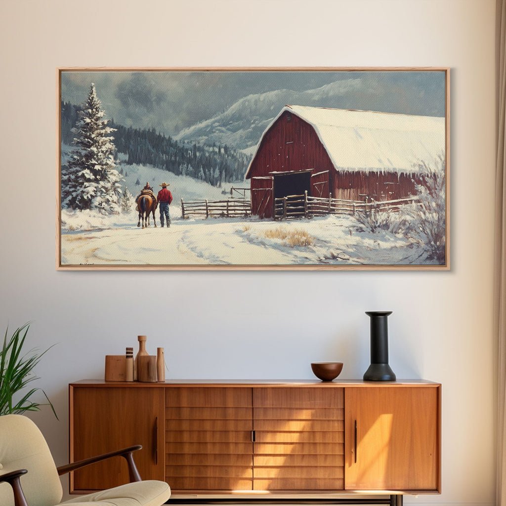 Winter On The Farm, Barn Painting, Framed Canvas Print