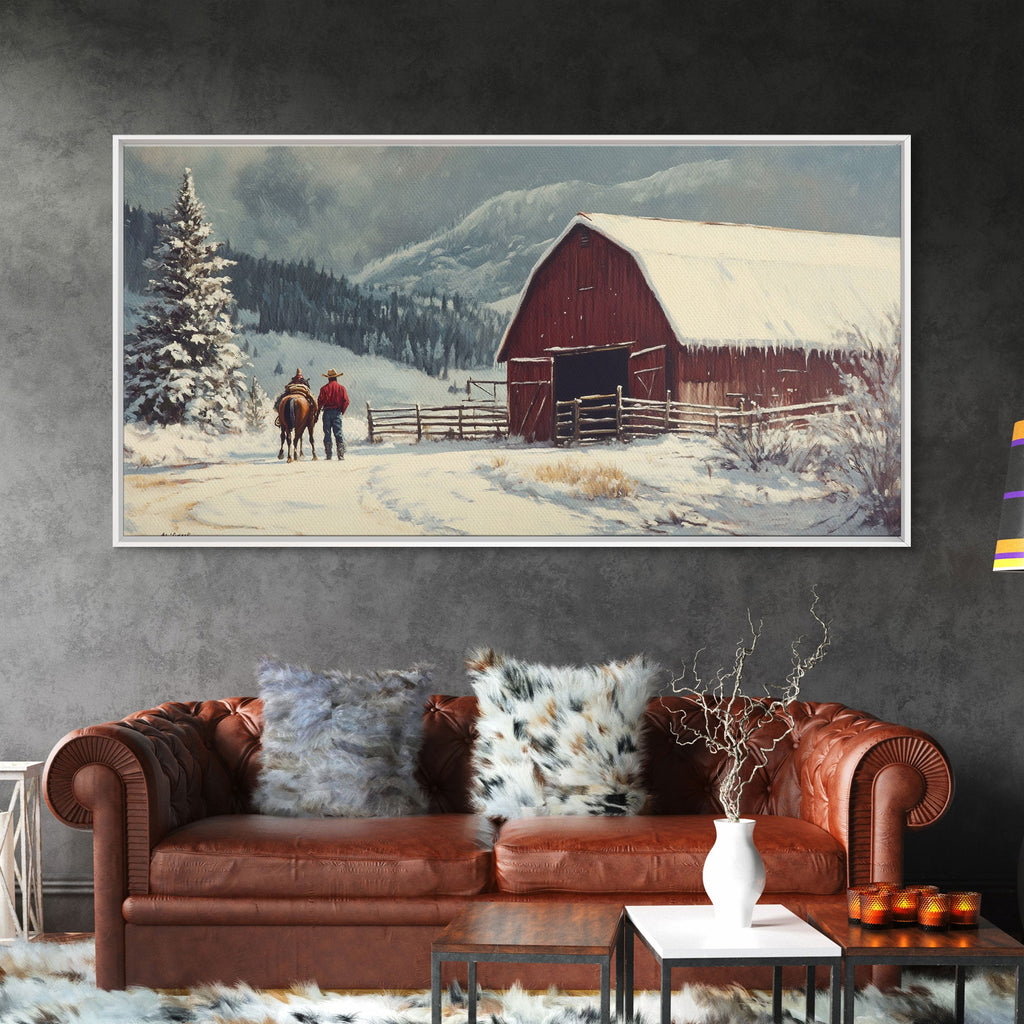Winter On The Farm, Barn Painting, Framed Canvas Print