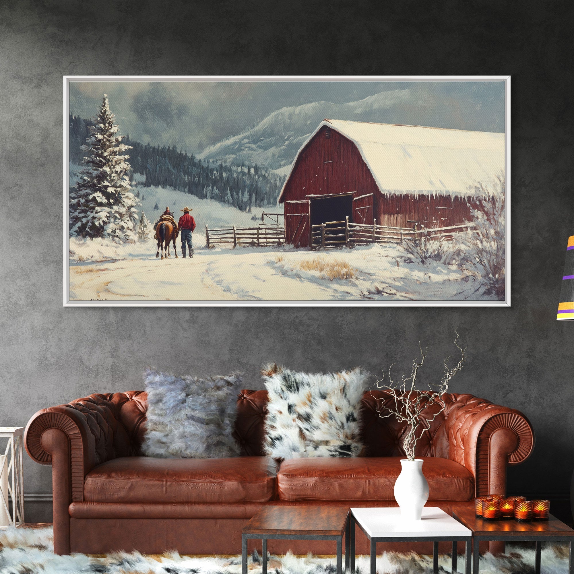 Winter On The Farm, Barn Painting, Framed Canvas Print