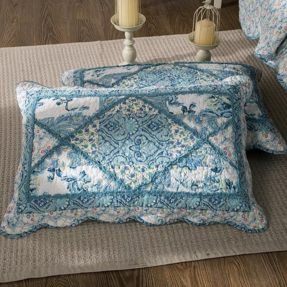Tache Petal Dance White Blue Floral Paisley Cotton Patchwork Quilt Set